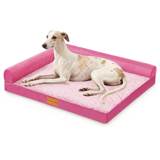 Exclusivo Mezcla L-shaped Pet Couch Bed with Removable and Washable Cover, Orthopedic Dog Bed for Large Dogs with Non-Slip Bottom, 42"X28", Pink
