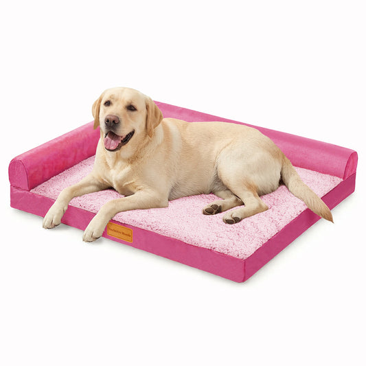 Exclusivo Mezcla L-shaped Pet Couch Bed with Removable and Washable Cover, Orthopedic Dog Bed for Large Dogs with Non-Slip Bottom, 48"X30", Pink