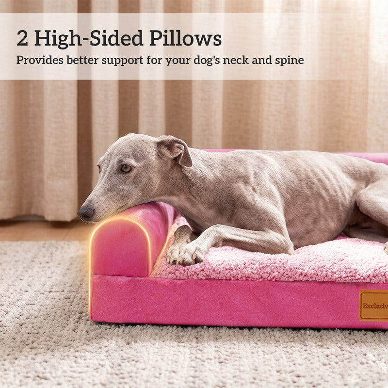Exclusivo Mezcla L-shaped Pet Couch Bed with Removable and Washable Cover, Orthopedic Dog Bed for Small Dogs with Non-Slip Bottom, 30"X20", Pink