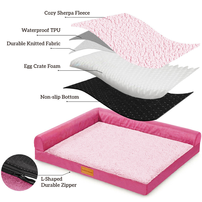 Exclusivo Mezcla L-shaped Pet Couch Bed with Removable and Washable Cover, Orthopedic Dog Bed for Small Dogs with Non-Slip Bottom, 30"X20", Pink