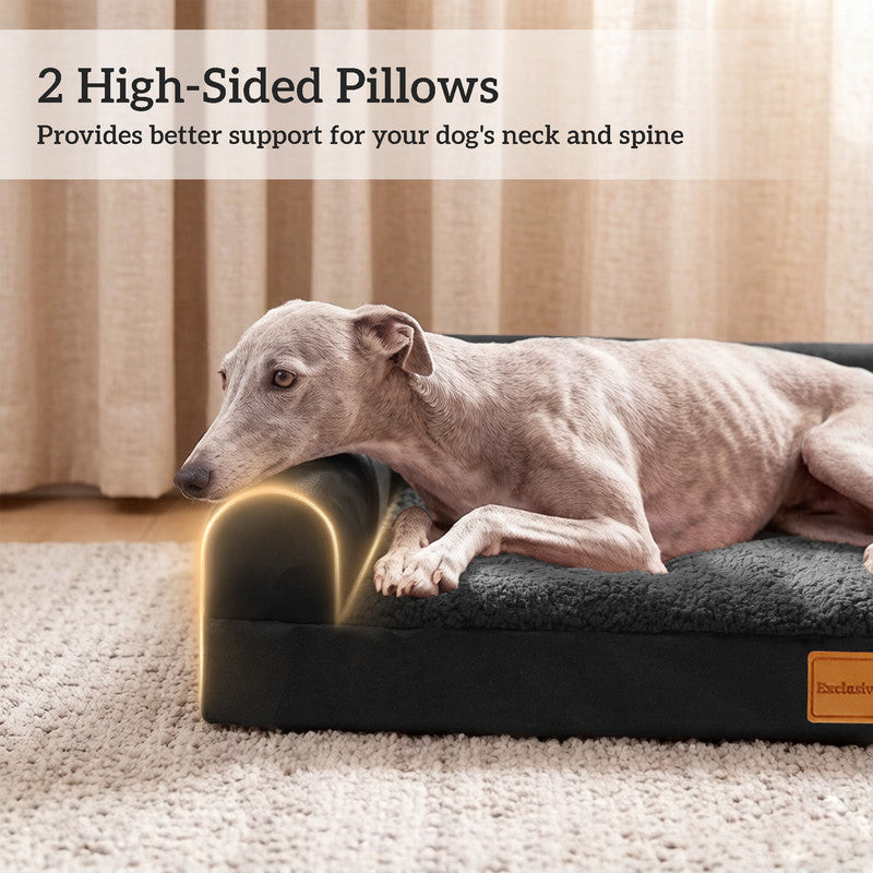 Exclusivo Mezcla L-shaped Pet Couch Bed with Removable and Washable Cover, Orthopedic Dog Bed for Large Dogs with Non-Slip Bottom, 42"X28", Black