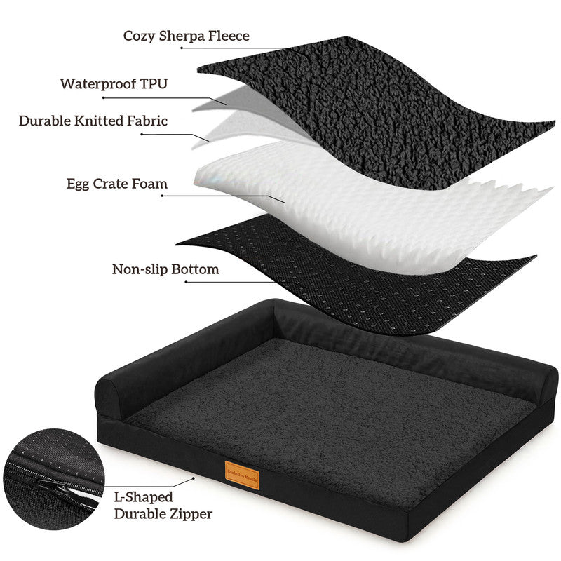 Exclusivo Mezcla L-shaped Pet Couch Bed with Removable and Washable Cover, Orthopedic Dog Bed for Large Dogs with Non-Slip Bottom, 48"X30", Black