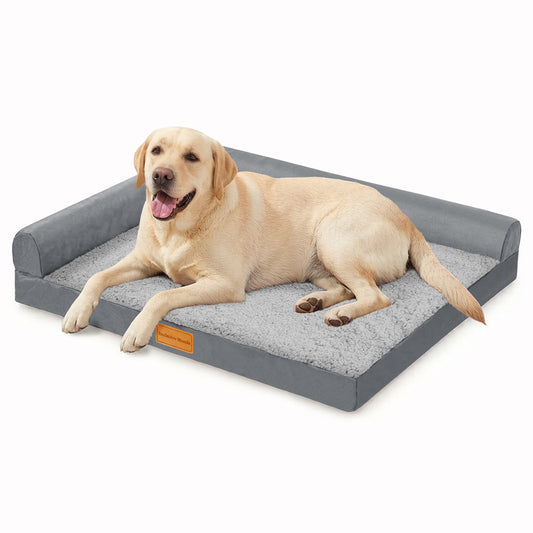 Exclusivo Mezcla L-shaped Pet Couch Bed with Removable and Washable Cover, Orthopedic Dog Bed for Large Dogs with Non-Slip Bottom, 48"X30", Grey