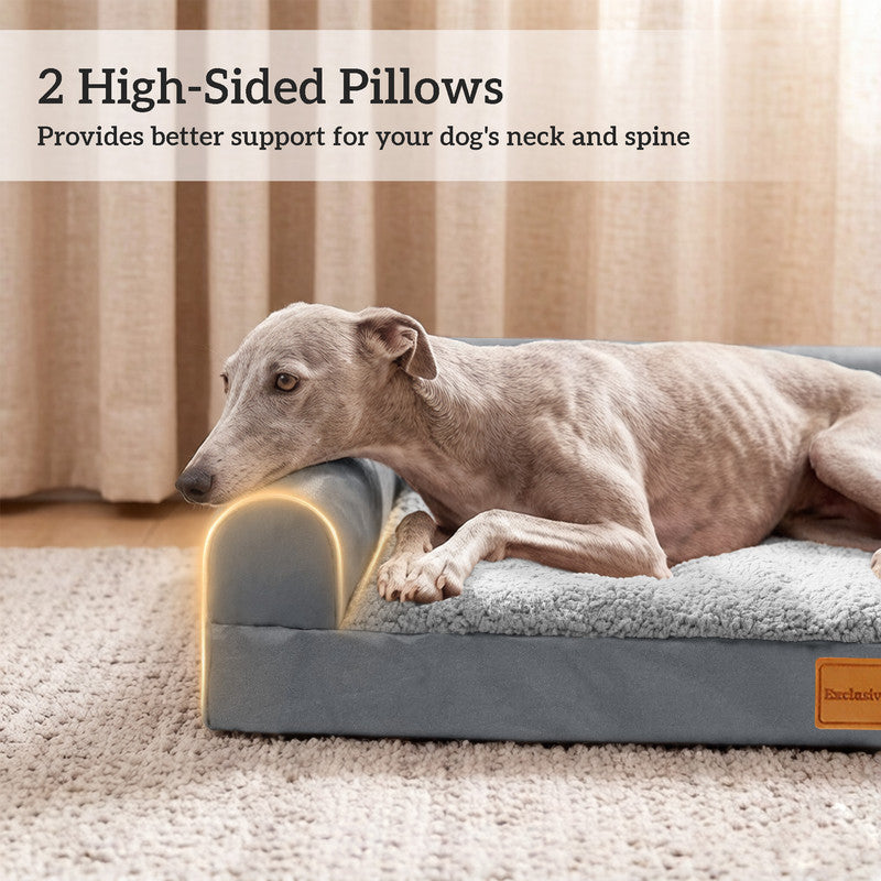 Exclusivo Mezcla L-shaped Pet Couch Bed with Removable and Washable Cover, Orthopedic Dog Bed for Large Dogs with Non-Slip Bottom, 48"X30", Grey