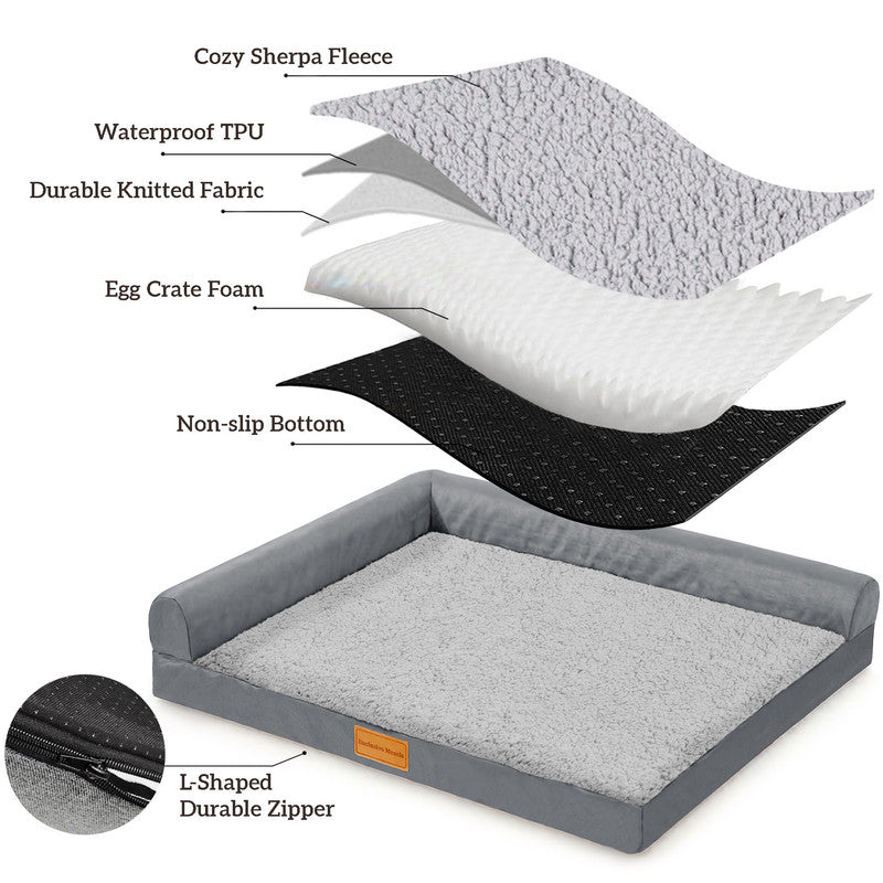 Exclusivo Mezcla L-shaped Pet Couch Bed with Removable and Washable Cover, Orthopedic Dog Bed for Medium Dogs with Non-Slip Bottom, 36"X24", Grey
