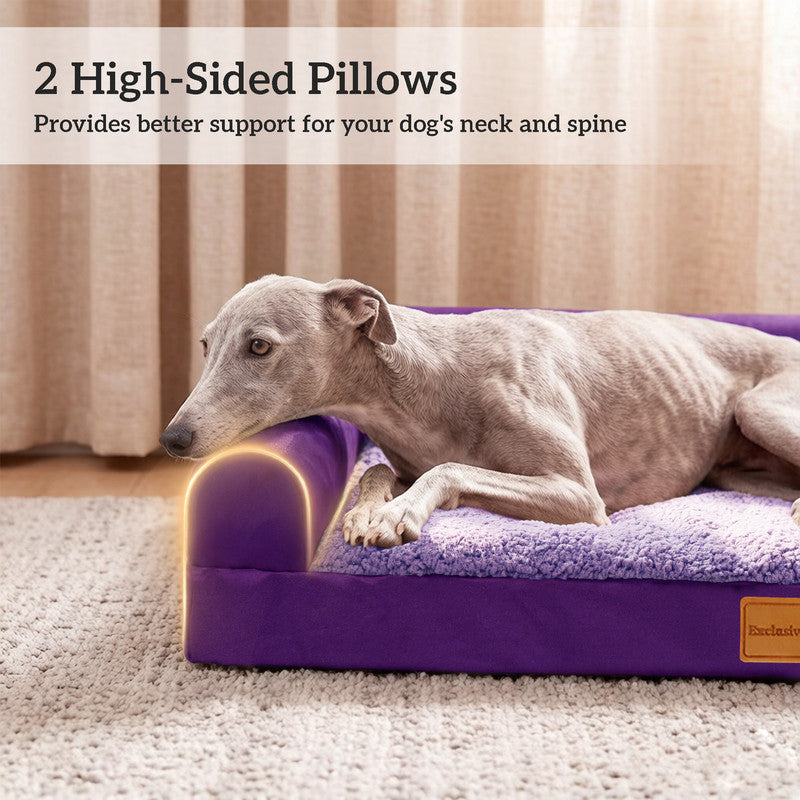 Exclusivo Mezcla L-shaped Pet Couch Bed with Removable and Washable Cover, Orthopedic Dog Bed for Extra Large Dogs with Non-Slip Bottom, 56"X40", Purple