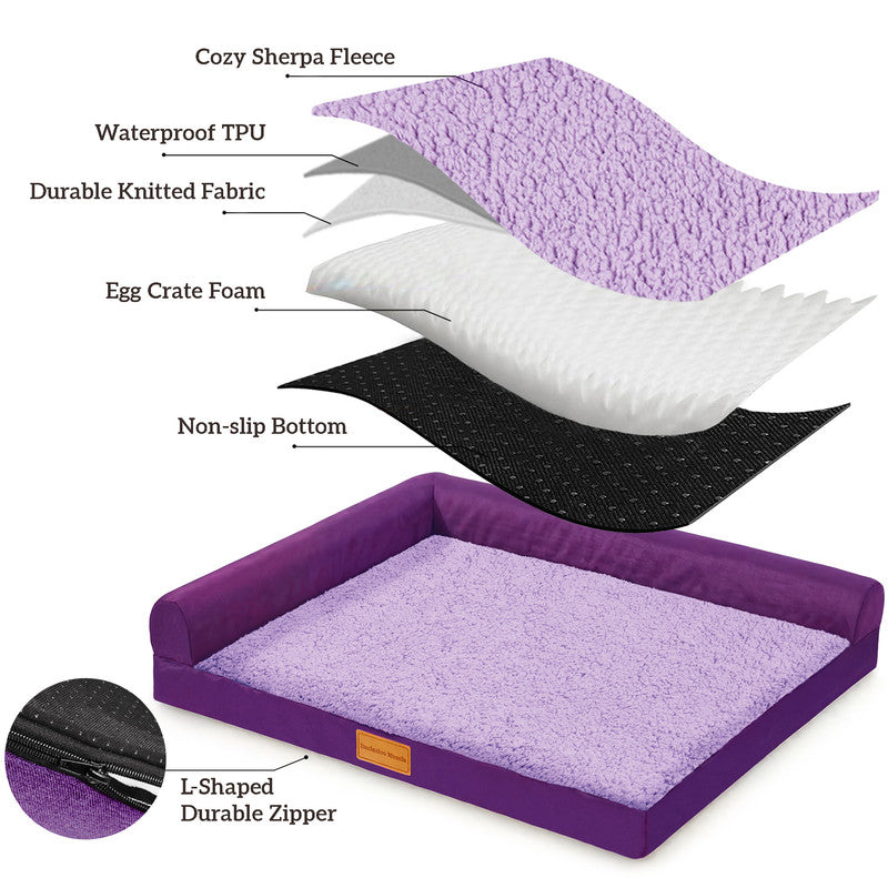 Exclusivo Mezcla L-shaped Pet Couch Bed with Removable and Washable Cover, Orthopedic Dog Bed for Small Dogs with Non-Slip Bottom, 30"X20", Purple