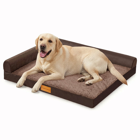 Exclusivo Mezcla L-shaped Pet Couch Bed with Removable and Washable Cover, Orthopedic Dog Bed for Large Dogs with Non-Slip Bottom, 48"X30", Brown