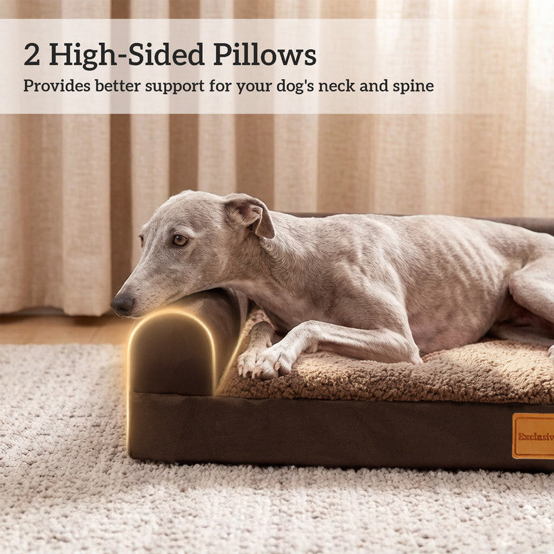 Exclusivo Mezcla L-shaped Pet Couch Bed with Removable and Washable Cover, Orthopedic Dog Bed for Large Dogs with Non-Slip Bottom, 48"X30", Brown
