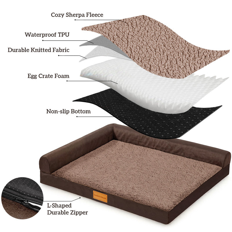 Exclusivo Mezcla L-shaped Pet Couch Bed with Removable and Washable Cover, Orthopedic Dog Bed for Extra Large Dogs with Non-Slip Bottom, 56"X40", Brown
