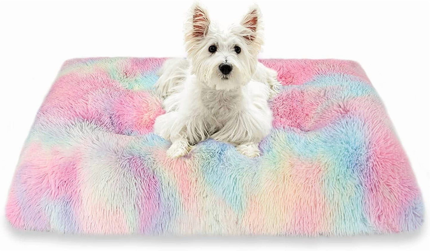 Exclusivo Mezcla Soft Plush Dog Bed Crate Mat for Small Dogs (26*20*4 in), Faux Fur Fluffy Dog Pet Cat Kennel Pad with Anti-Slip Bottom, Machine Washable, Rainbow