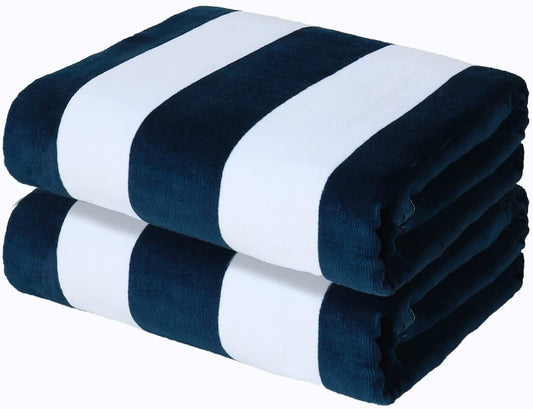 Exclusivo Mezcla 2-Pack Cotton Oversized 35"x70" Cabana Stripe Beach Towels, Super Absorbent Soft Plush Pool Towel, Bath Towel (Dark Navy)