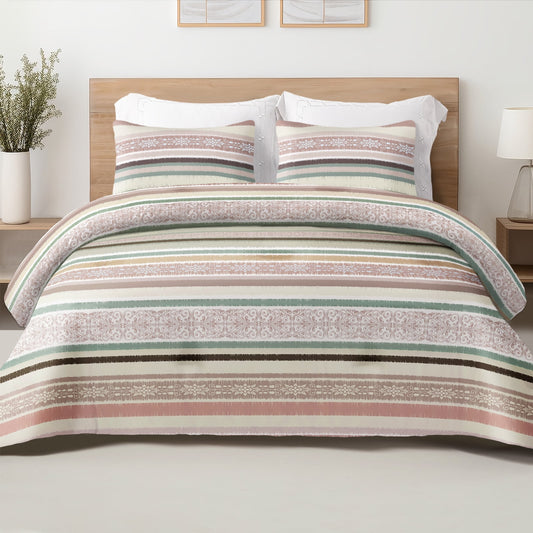 Exclusivo Mezcla 3-Piece Boho Striped King Size Comforter Set, Microfiber Bedding Down Alternative Comforter for All Seasons with 2 Pillow Shams, Pink