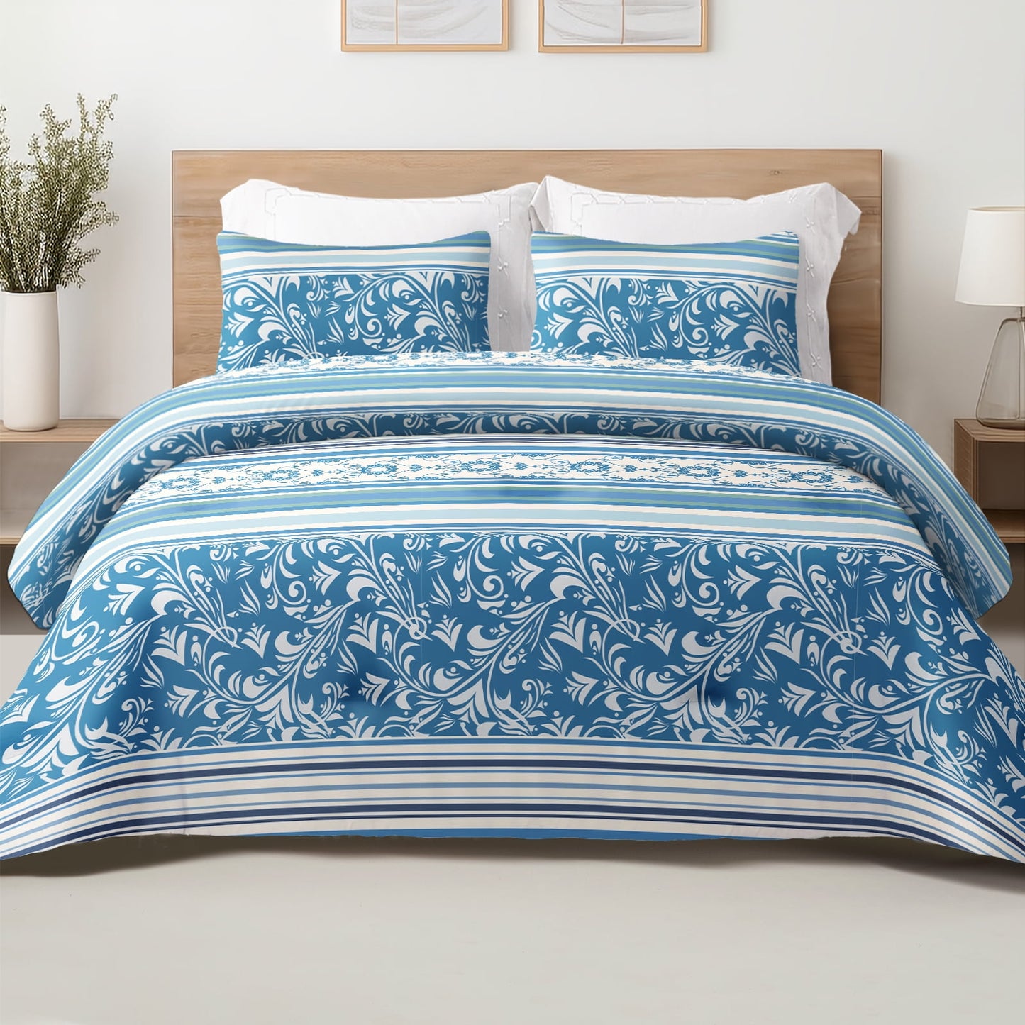 Exclusivo Mezcla 3-Piece Boho Striped Queen Size Comforter Set, Microfiber Bedding Down Alternative Comforter for All Seasons with 2 Pillow Shams, Blue