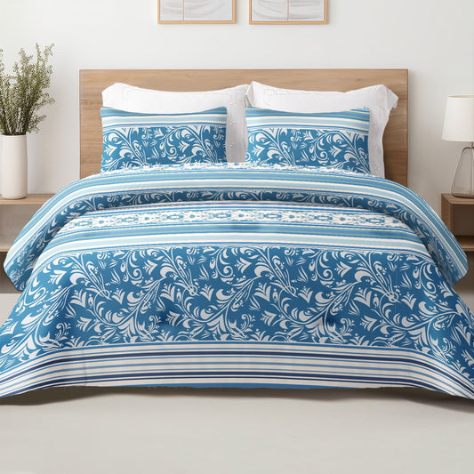 Exclusivo Mezcla 3-Piece Boho Striped Queen Size Comforter Set, Microfiber Bedding Down Alternative Comforter for All Seasons with 2 Pillow Shams, Blue