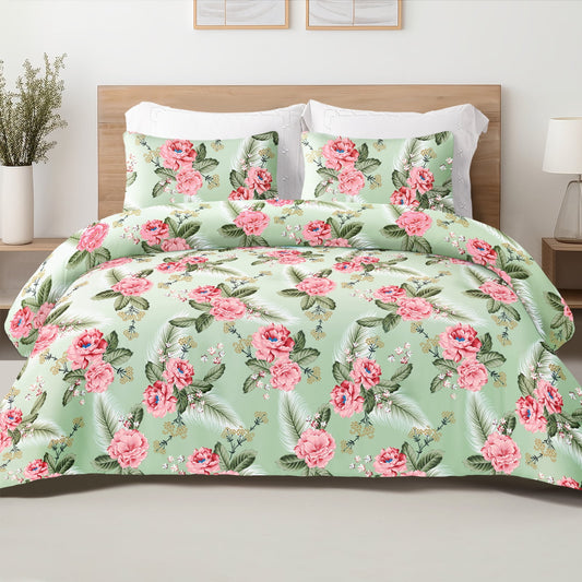 Exclusivo Mezcla 3-Piece Floral King Size Comforter Set, Microfiber Bedding Down Alternative Comforter for All Seasons with 2 Pillow Shams, Pink