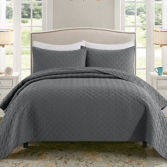 Exclusivo Mezcla 3-Piece Gray King Size Quilt Set, Weave Pattern Ultrasonic Lightweight and Soft Quilts/Bedspreads/Coverlets/Bedding Set (1 Quilt, 2 Pillow Shams) for All Seasons