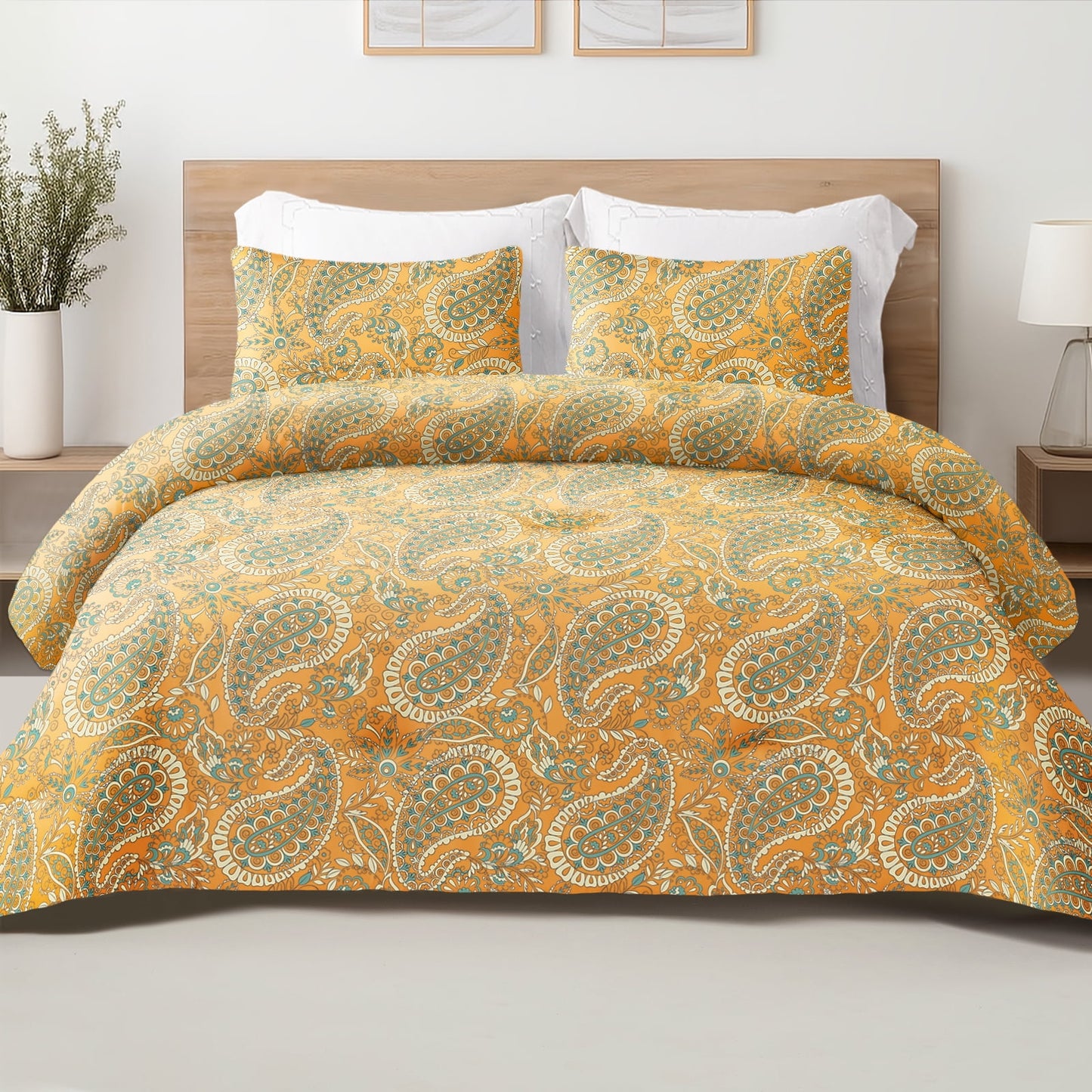 Exclusivo Mezcla 3-Piece Paisley King Size Comforter Set, Microfiber Bedding Down Alternative Comforter for All Seasons with 2 Pillow Shams, Orange