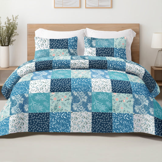 Exclusivo Mezcla 3-Piece Patchwork King Size Comforter Set, Microfiber Bedding Down Alternative Comforter for All Seasons with 2 Pillow Shams, Navy Blue