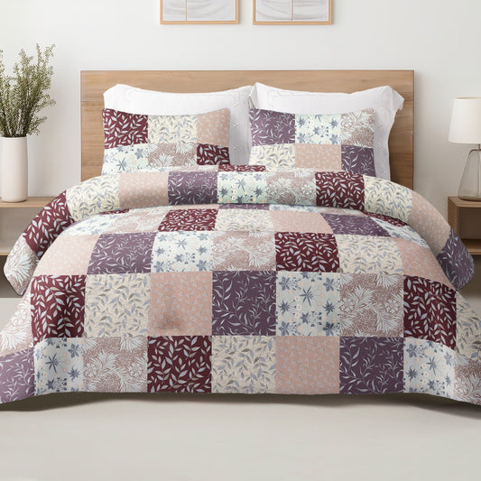 Exclusivo Mezcla 3-Piece Patchwork King Size Comforter Set, Microfiber Bedding Down Alternative Comforter for All Seasons with 2 Pillow Shams, Brown