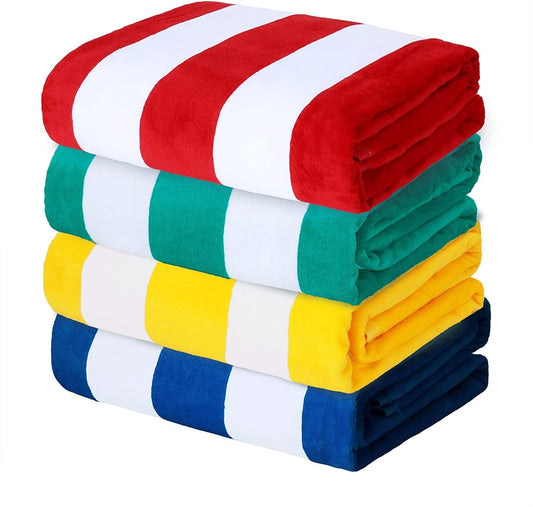 Exclusivo Mezcla 4-Pack Cotton Large Cabana Stripe Beach Towels, Super Absorbent Soft Plush Pool Towel, Bath Towel (Red/Turquoise/Yellow/Navy, 30"x60")