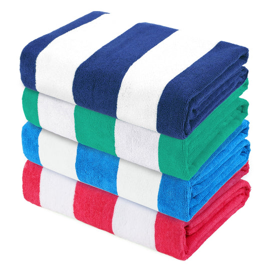 Exclusivo Mezcla 4-Pack Large Cabana Stripe Lightweight Soft Microfiber Beach Towels, Highly Absorbent Travel Pool Towel(Navy/Blue/Pink/Caribbean Green,30"x60")