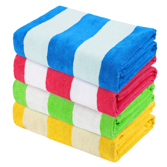 Exclusivo Mezcla 4-Pack Large Beach Towel for Kids and Adults, Microfiber Cabana Striped Pool Beach Towels Set (Pink/Green/Blue/Yellow, 30" x 60"), Lightweight and Highly Absorbent