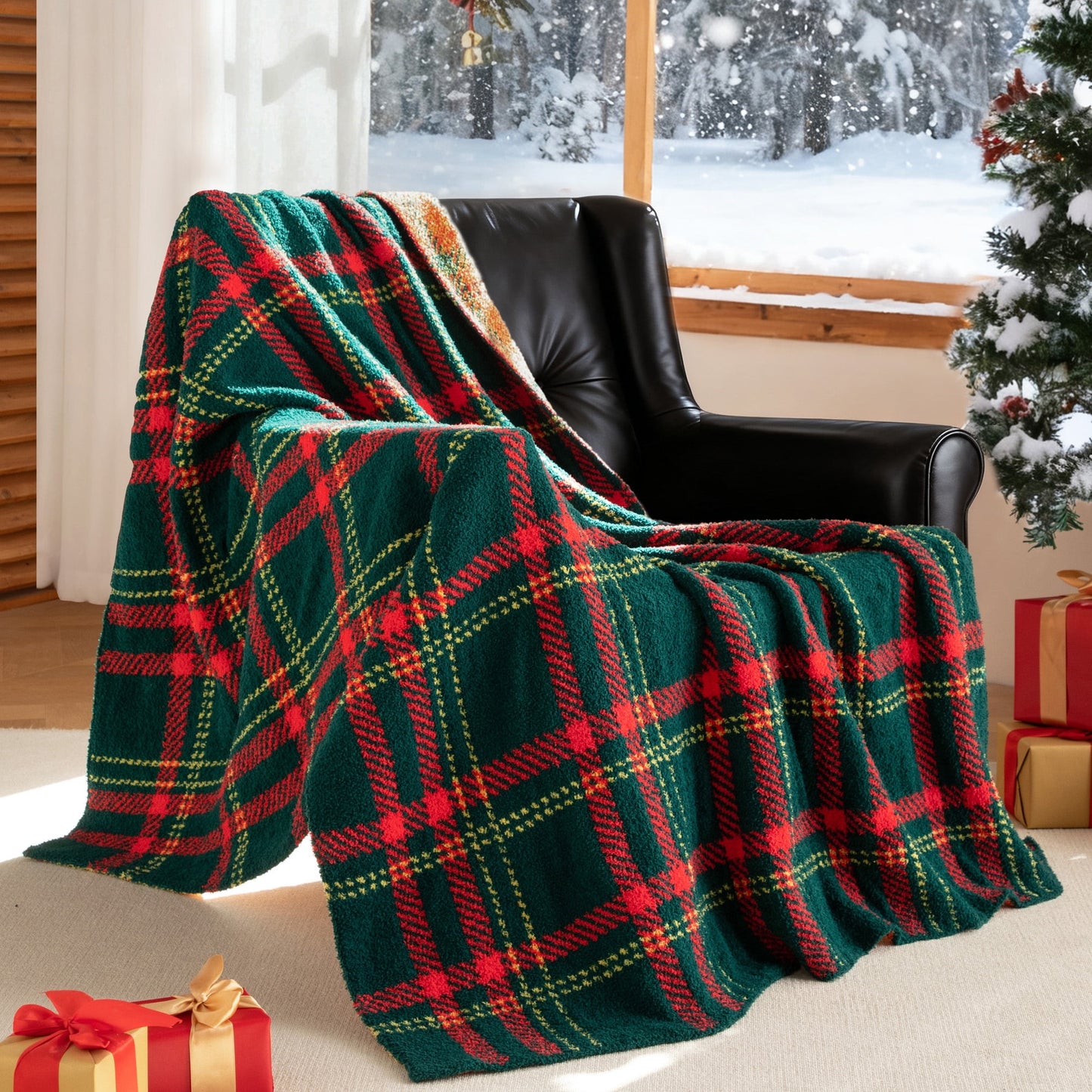 Exclusivo Mezcla Checkered Christmas Throw Blanket, Ultra Soft Cozy Fluffy Checkerboard Blankets, Lightweight Fuzzy Plush Throw for Couch and Bed, Red and Green, 50"x60"