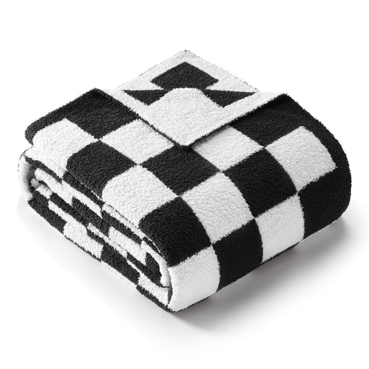 Exclusivo Mezcla Checkered Knit Blanket for Bed Queen Size, Ultra Soft Cozy Fluffy Blanket, Lightweight Fuzzy Throw for Couch and Bed, Black, 90"x90"