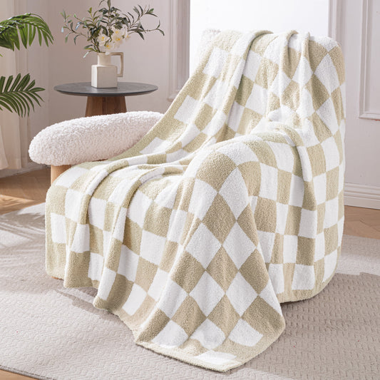 Exclusivo Mezcla Checkered Knit Throw Blanket, Ultra Soft Cozy Fluffy Checkerboard Blankets, Lightweight Fuzzy Plush Throw for Couch and Bed, Khaki, 50"x60"