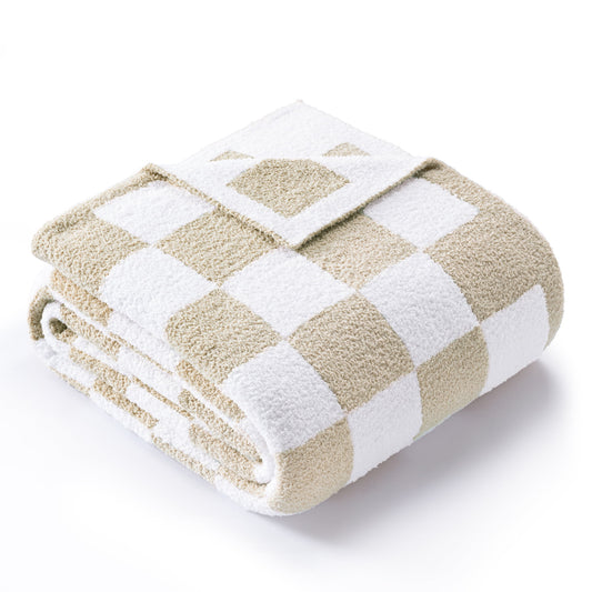 Exclusivo Mezcla Checkered Knit Blanket for Bed Twin Size, Ultra Soft Cozy Fluffy Blanket, Lightweight Fuzzy Throw for Couch and Bed, Khaki, 60"x80"