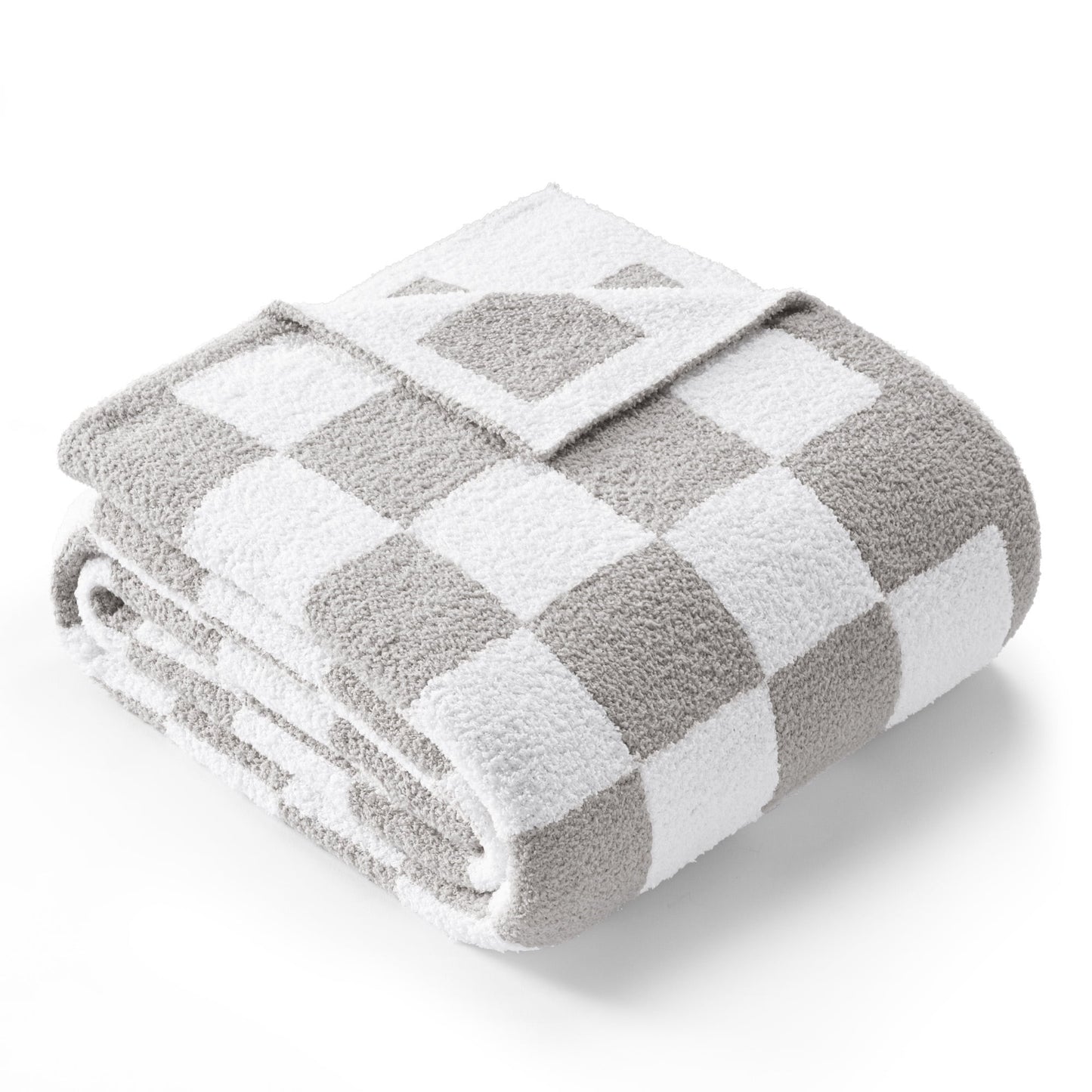 Exclusivo Mezcla Checkered Knit Blanket for Bed Queen Size, Ultra Soft Cozy Fluffy Blanket, Lightweight Fuzzy Throw for Couch and Bed, Light Grey, 90"x90"