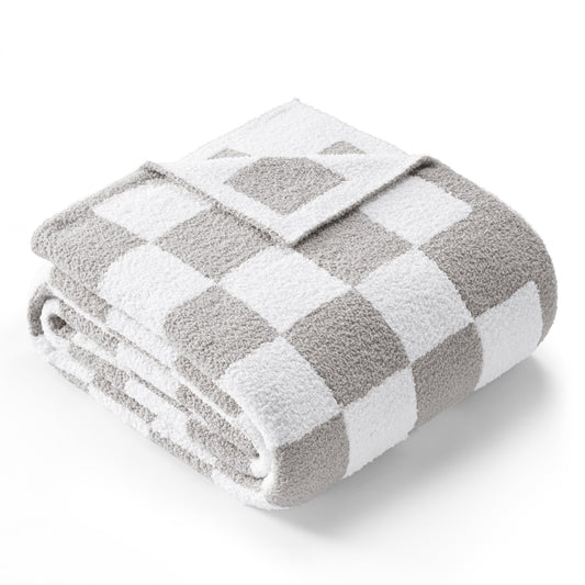 Exclusivo Mezcla Checkered Knit Blanket for Bed Queen Size, Ultra Soft Cozy Fluffy Blanket, Lightweight Fuzzy Throw for Couch and Bed, Light Grey, 90"x90"