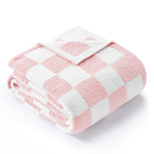 Exclusivo Mezcla Checkered Knit Blanket for Bed Twin Size, Ultra Soft Cozy Fluffy Blanket, Lightweight Fuzzy Throw for Couch and Bed, Pink, 60"x80"