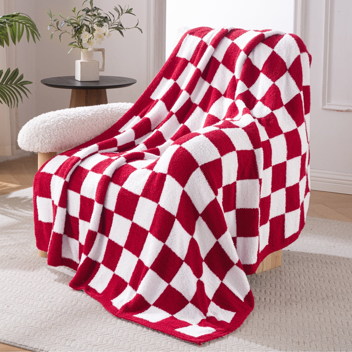 Exclusivo Mezcla Checkered Knit Throw Blanket, Ultra Soft Cozy Fluffy Checkerboard Blankets, Lightweight Fuzzy Plush Throw for Couch and Bed, Red, 50"x60"