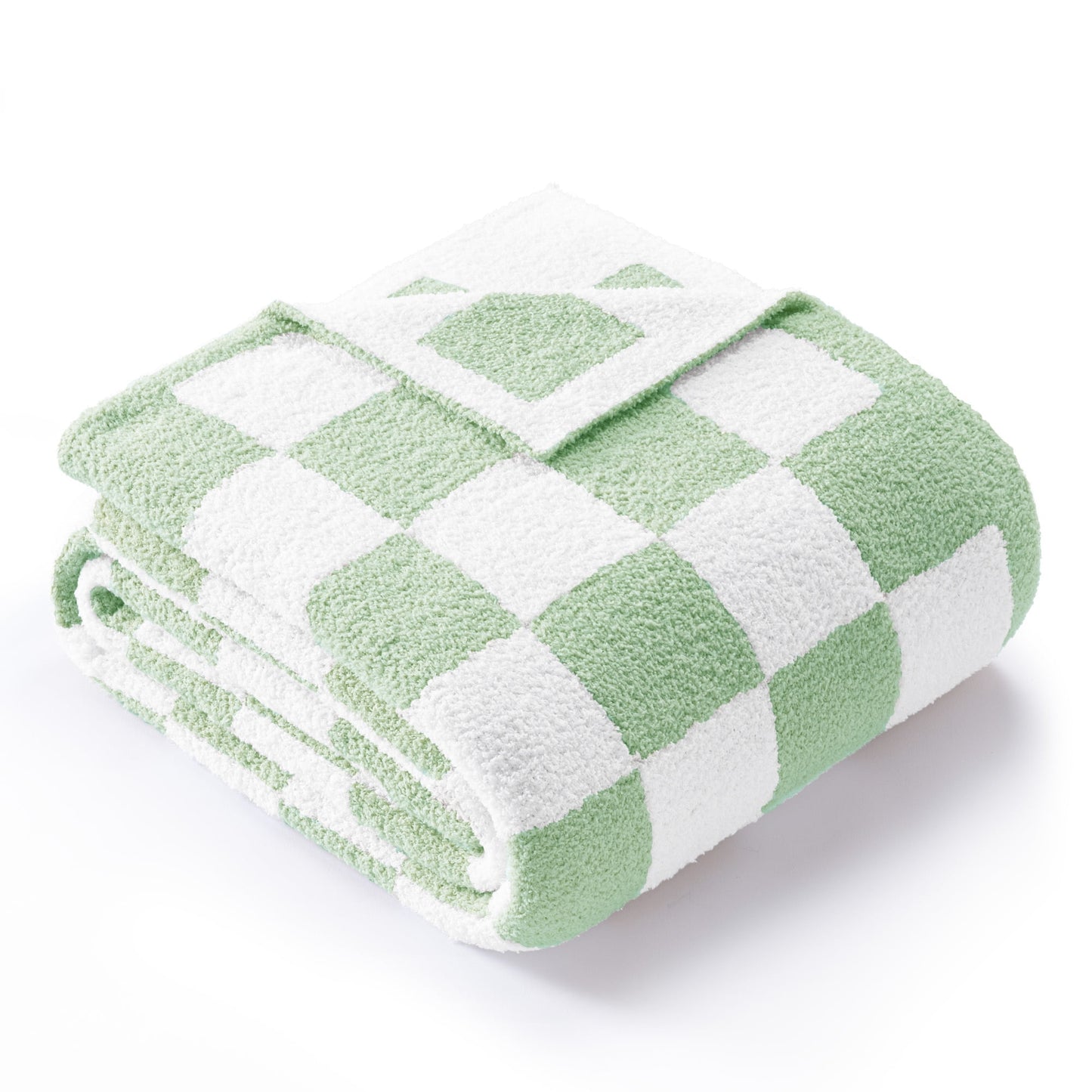 Exclusivo Mezcla Checkered Knit Blanket for Bed Queen Size, Ultra Soft Cozy Fluffy Blanket, Lightweight Fuzzy Throw for Couch and Bed, Sage Green, 90"x90"