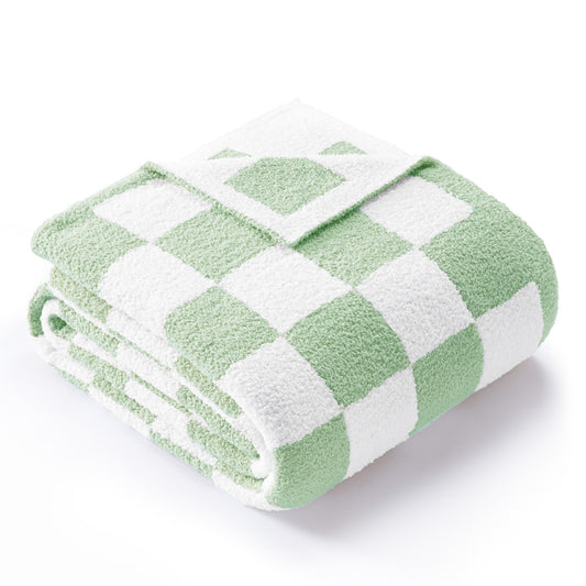 Exclusivo Mezcla Checkered Knit Blanket for Bed Queen Size, Ultra Soft Cozy Fluffy Blanket, Lightweight Fuzzy Throw for Couch and Bed, Sage Green, 90"x90"
