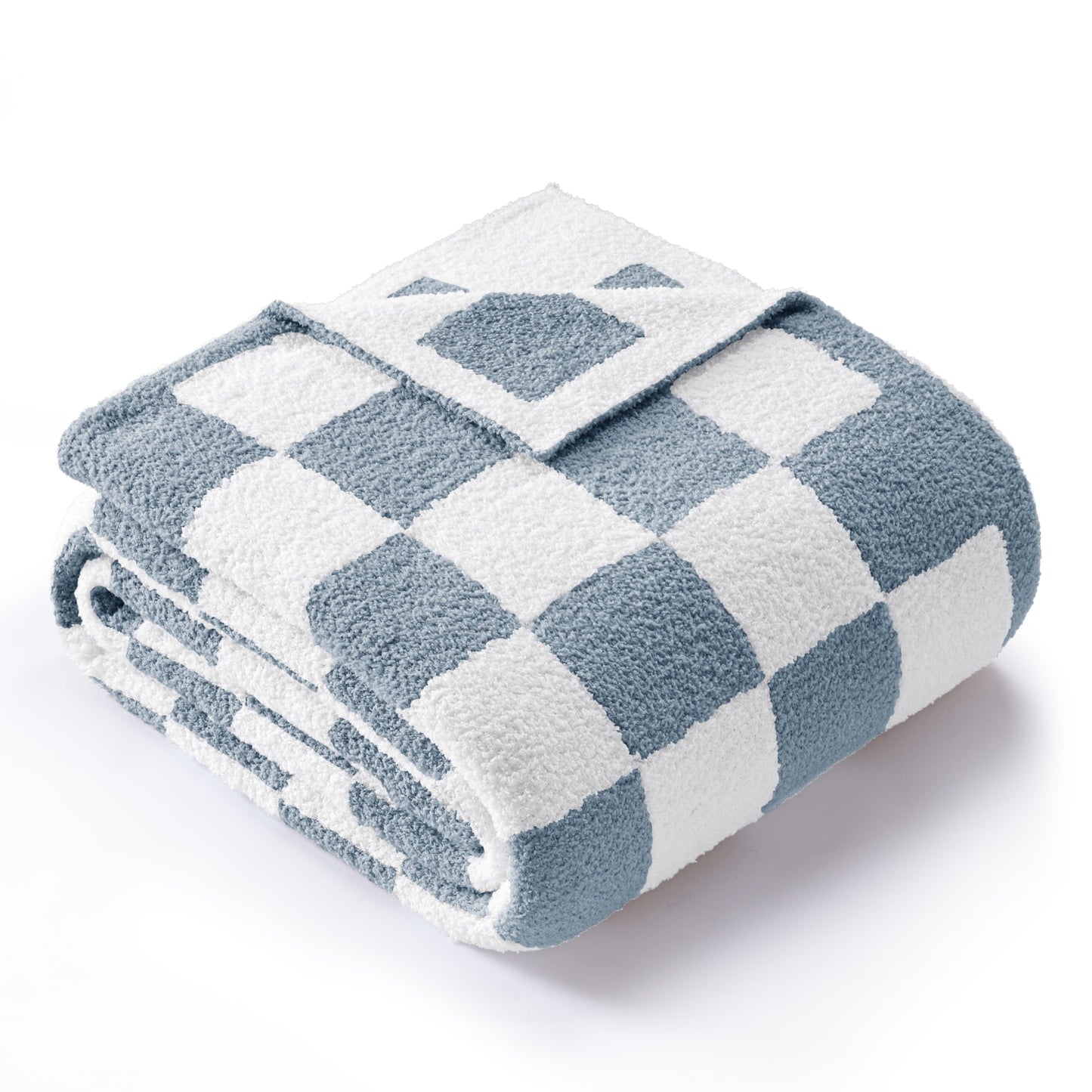 Exclusivo Mezcla Checkered Knit Blanket for Bed Twin Size, Ultra Soft Cozy Fluffy Blanket, Lightweight Fuzzy Throw for Couch and Bed, Stone Blue, 60"x80"