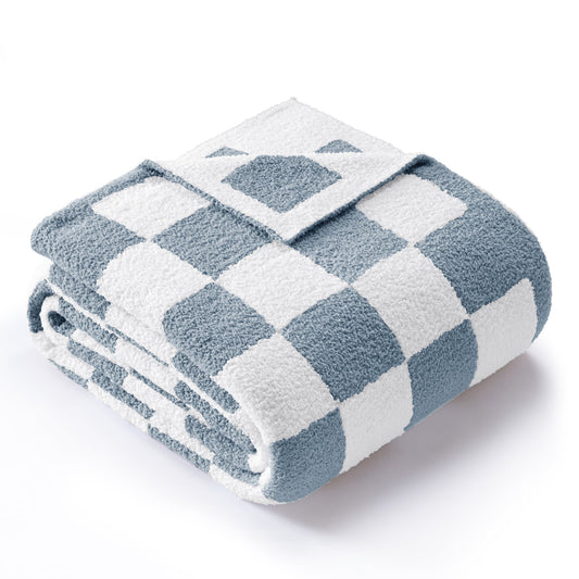 Exclusivo Mezcla Checkered Knit Blanket for Bed Twin Size, Ultra Soft Cozy Fluffy Blanket, Lightweight Fuzzy Throw for Couch and Bed, Stone Blue, 60"x80"