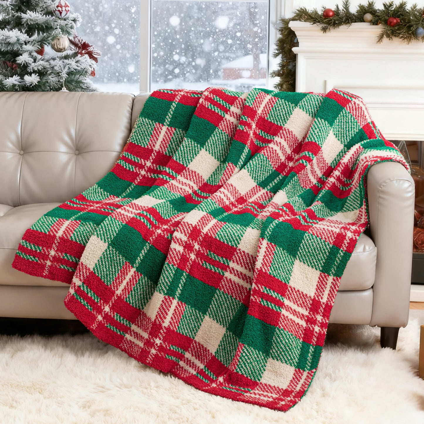 Exclusivo Mezcla Checkered Christmas Throw Blanket, Ultra Soft Cozy Fluffy Checkerboard Blankets, Lightweight Fuzzy Plush Throw for Couch and Bed, Red and Khaki, 50"x60"