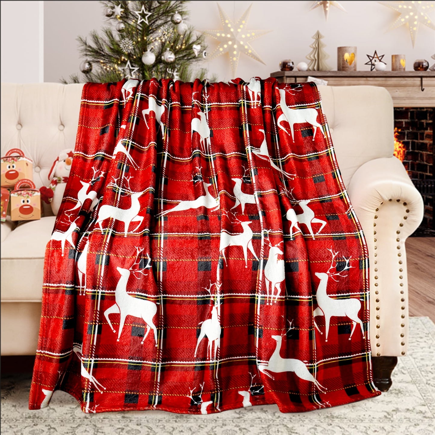 Exclusivo Mezcla Fleece Throw Blanket, Ultra Plush Christmas Holiday Printed Velvet Blankets,Lightweight and Cozy-50"x60"(Red Checkered)