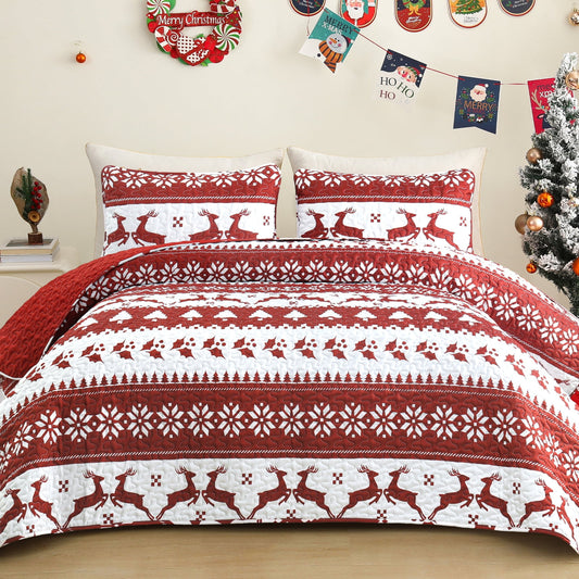 Exclusivo Mezcla Christmas Quilt King Size, White and Rust Red Striped Bedspreads Reversible Coverlets Bedding Set with Printed Reindeer Snowflakes Pattern (1 Quilt, 2 Pillow Shams)