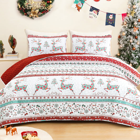 Exclusivo Mezcla Christmas Quilt Twin Size, Rust Red Striped Bedspreads Reversible Coverlets Bedding Set with Printed Flowers Reindeer Pattern (1 Quilt, 1 Pillow Sham)