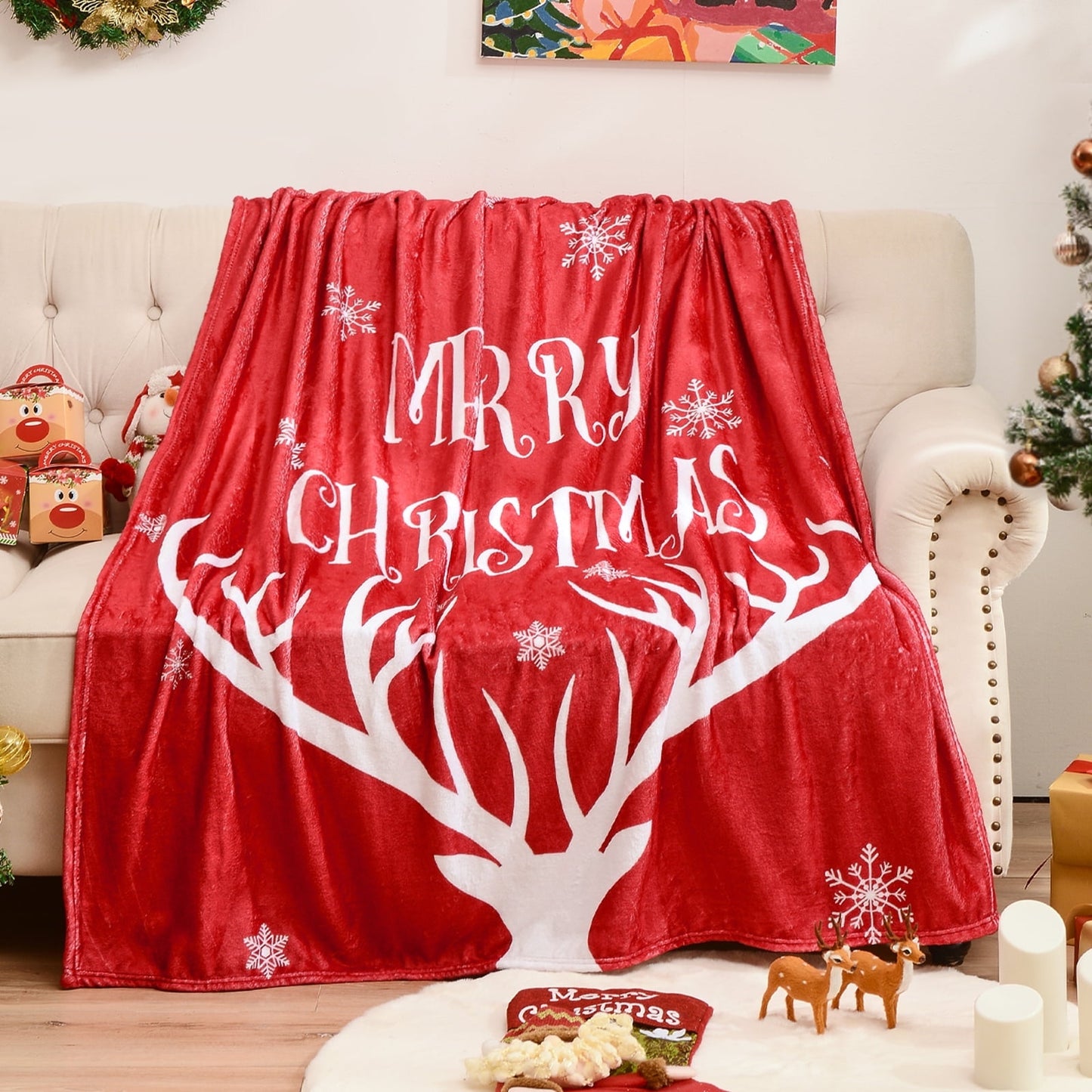 Exclusivo Mezcla Fleece Twin Blanket for Bed, Ultra Plush Christmas Holiday Printed Velvet Blankets,Lightweight and Cozy-60"x80"(Red Reindeer)