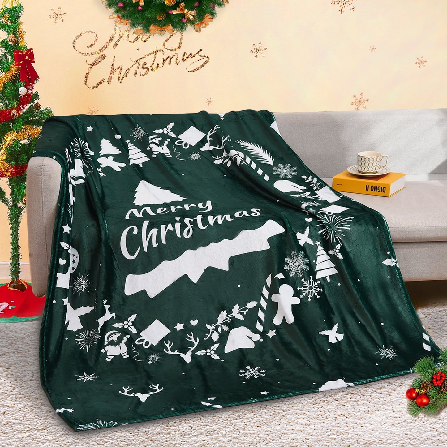 Exclusivo Mezcla Fleece Twin Blanket for Bed, Ultra Plush Christmas Holiday Printed Velvet Blankets,Lightweight and Cozy-60"x80"(Forest Green)