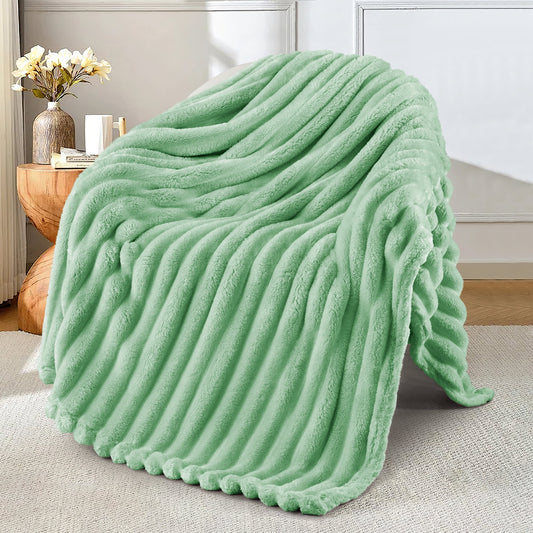 Exclusivo Mezcla Fleece Throw Blanket for Couch, Super Soft 3D Striped Jacquard Blanket, Lightweight Fuzzy Cozy Blankets, Sage Green, 50"x60"