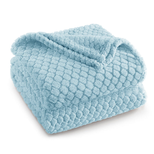 Exclusivo Mezcla Fleece Throw Blanket for Couch, Super Soft Jacquard Bed Blanket, Lightweight Fuzzy Warm for All Seasons, 50x60 Inches, Light Blue