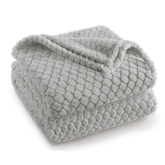 Exclusivo Mezcla Fleece Throw Blanket for Couch, Super Soft Jacquard Bed Blanket, Lightweight Fuzzy Warm for All Seasons, 50x60 Inches, Light Grey