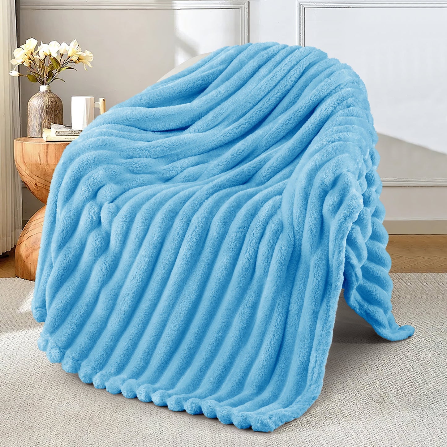 Exclusivo Mezcla Fleece Throw Blanket for Couch, Super Soft 3D Striped Jacquard Blanket, Lightweight Fuzzy Cozy Blankets, Blue, 50"x60"