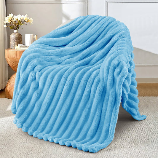 Exclusivo Mezcla Fleece Throw Blanket for Couch, Super Soft 3D Striped Jacquard Blanket, Lightweight Fuzzy Cozy Blankets, Blue, 50"x60"